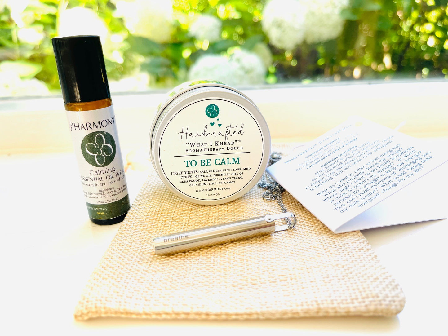 Mental health/stress relief bundle 'Breathe' Stainless Steel breathing necklace and choice of What I Knead Stress Relief AromaTherapy dough