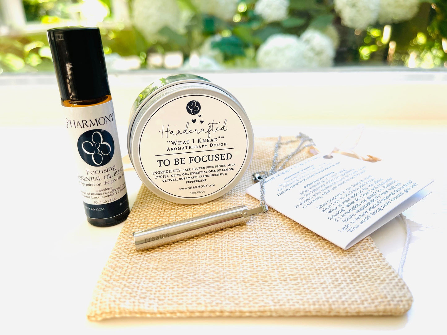 Mental health/stress relief bundle 'Breathe' Stainless Steel breathing necklace and choice of What I Knead Stress Relief AromaTherapy dough