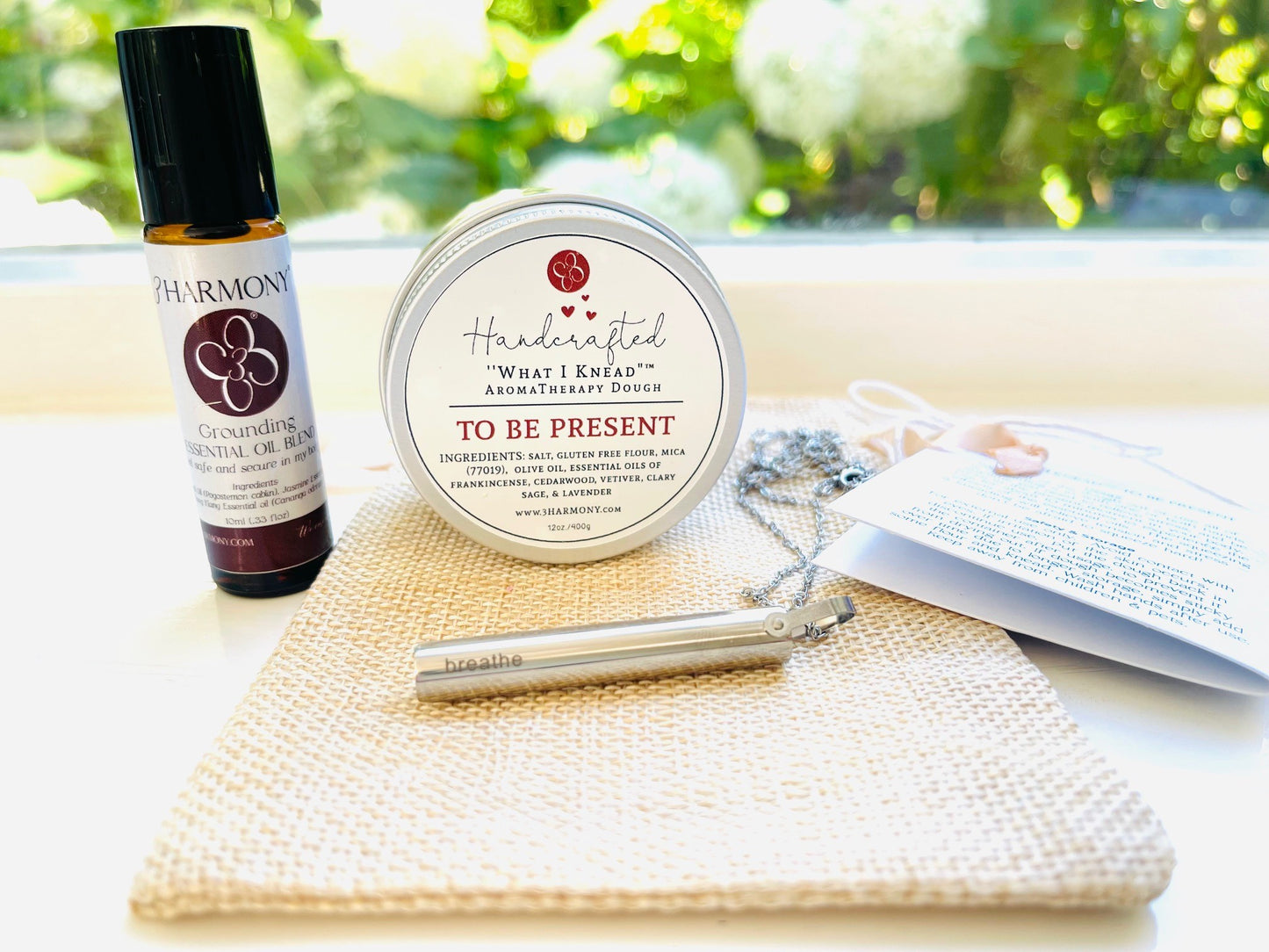 Mental health/stress relief bundle 'Breathe' Stainless Steel breathing necklace and choice of What I Knead Stress Relief AromaTherapy dough