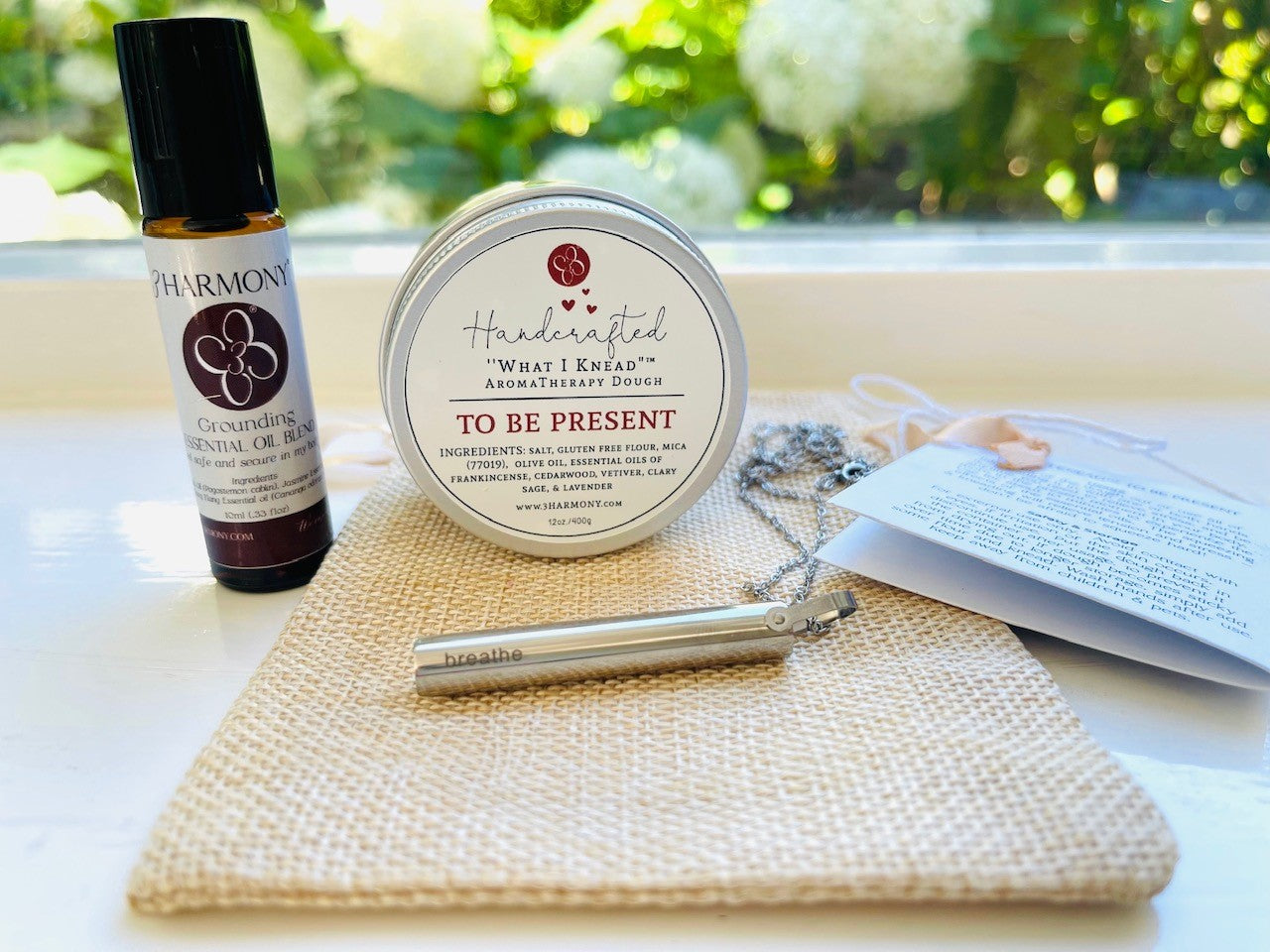 Mental health/stress relief bundle 'Breathe' Stainless Steel breathing necklace and choice of What I Knead Stress Relief AromaTherapy dough