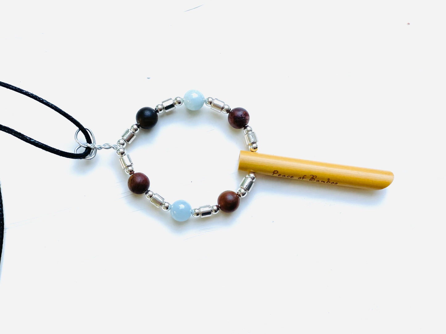 Inner Space© Anti-anxiety stress relief breathing necklace Peace of Bamboo with Petrified Wood & Aquamarine natural gemstones