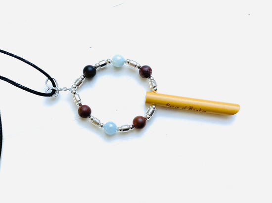 Inner Space© Anti-anxiety stress relief breathing necklace Peace of Bamboo with Petrified Wood & Aquamarine natural gemstones