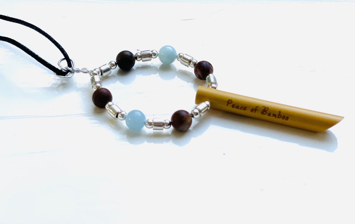 Inner Space© Anti-anxiety stress relief breathing necklace Peace of Bamboo with Petrified Wood & Aquamarine natural gemstones