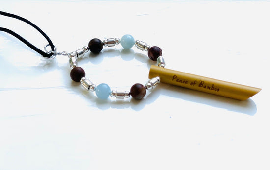 Inner Space© Anti-anxiety stress relief breathing necklace Peace of Bamboo with Petrified Wood & Aquamarine natural gemstones