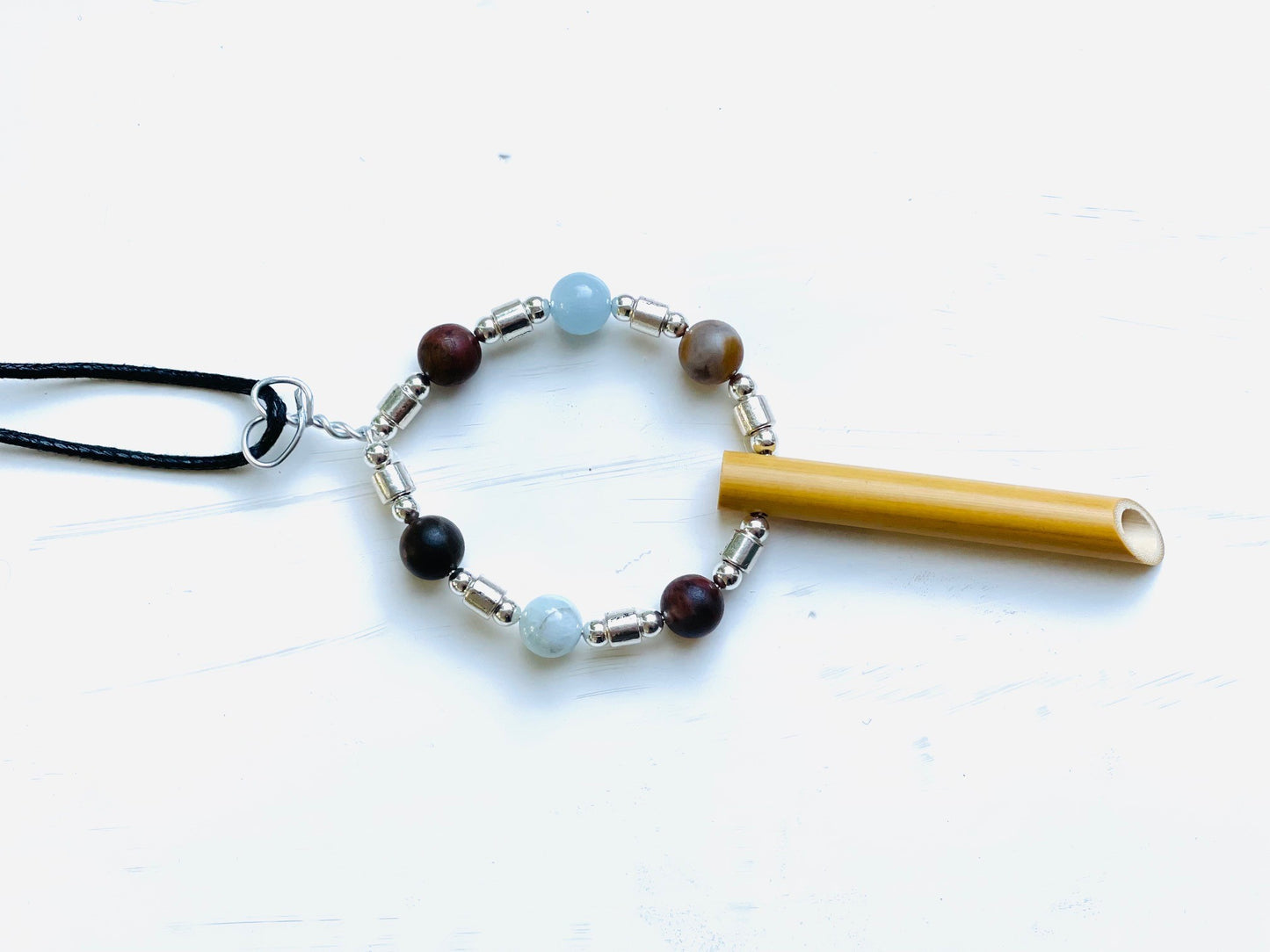 Inner Space© Anti-anxiety stress relief breathing necklace Peace of Bamboo with Petrified Wood & Aquamarine natural gemstones