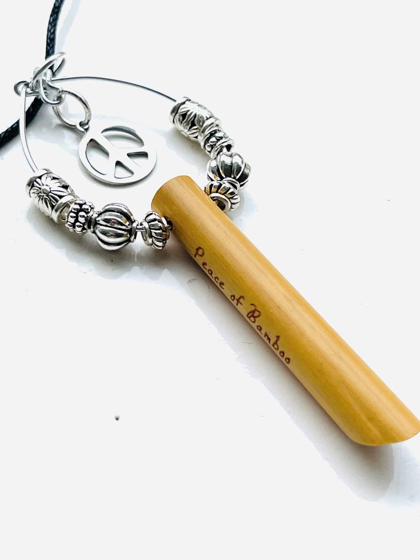 Inner Peace© Anti Anxiety Stress Relief Breathing Necklace Bamboo with Peace Sign & Tibetan fidget beads