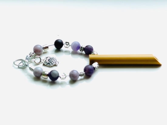 Inner Wisdom© stress relief breathing necklace bamboo pendant w/Amethyst, Tourmaline natural gemstones & 925 silver owl charm