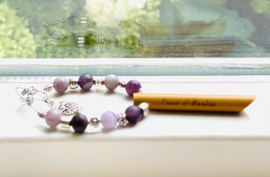 Inner Wisdom© stress relief breathing necklace bamboo pendant w/Amethyst, Tourmaline natural gemstones & 925 silver owl charm