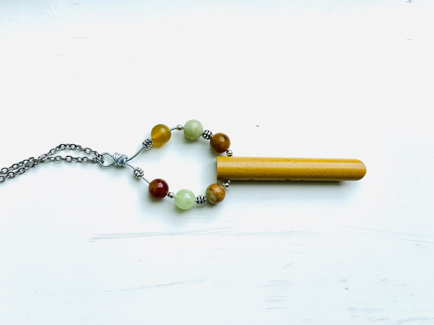 In Balance© Bamboo Anti-anxiety stress relief breathing necklace Peace of Bamboo with Petrified Wood & Jade natural gemstones
