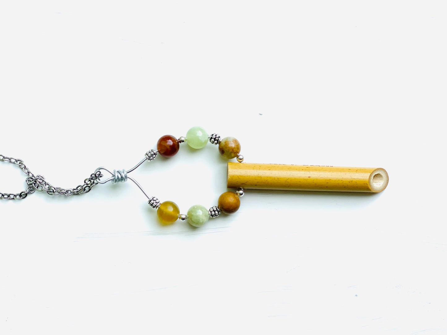 In Balance© Bamboo Anti-anxiety stress relief breathing necklace Peace of Bamboo with Petrified Wood & Jade natural gemstones