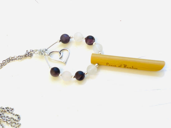 Self Love© Anti Anxiety Stress Relief Breathing Necklace Bamboo with Natural Rose Quartz (optional Amethyst) Gemstones & Heart Charm