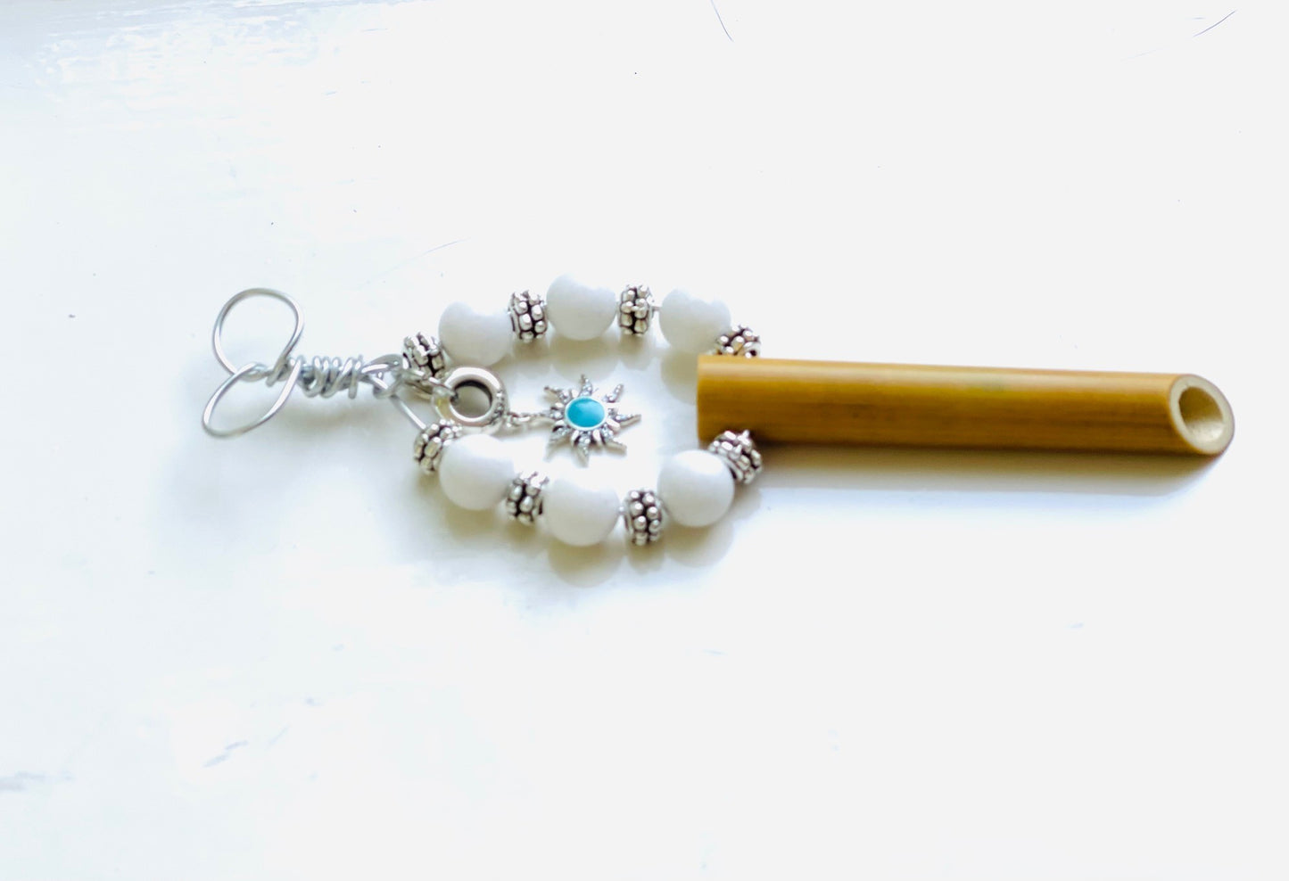 Return to Innocence© Breathing necklace anxiety stress relief Peace of Bamboo 'Snow Star' w/White Jade & 925 silver turquoise sun/star charm