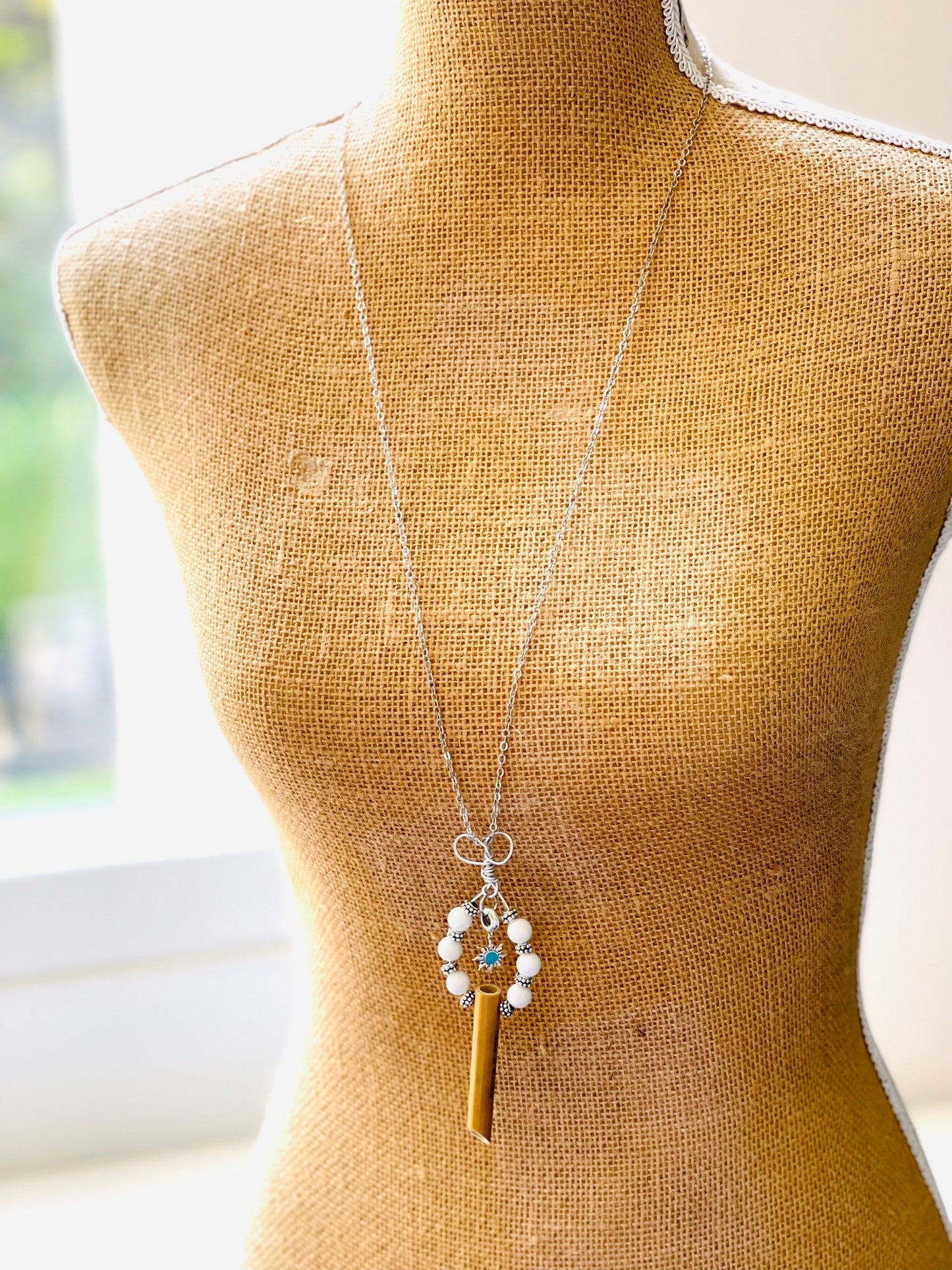 Return to Innocence© Breathing necklace anxiety stress relief Peace of Bamboo 'Snow Star' w/White Jade & 925 silver turquoise sun/star charm