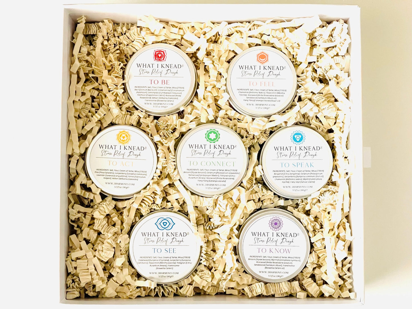 What I Knead® Chakra AromaTherapy Dough Stress Relief Mindfulness Tool Gift Box set of 7 with affirmation cards