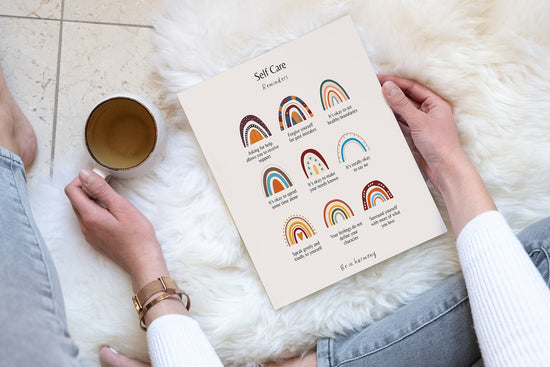 Brown Boho Rainbow Digital Self Care Reminders Poster & matching 'affirmation' card set mindfulness, wellbeing, therapy office, home decor, mental health tool