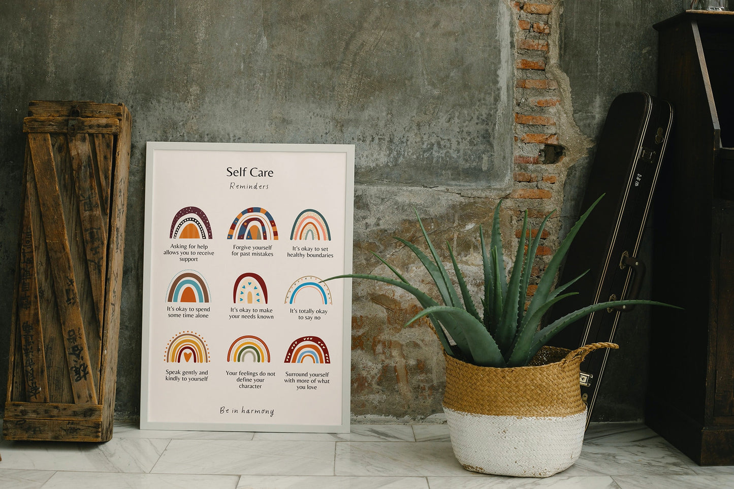 Brown Boho Rainbow Digital Self Care Reminders Poster & matching 'affirmation' card set mindfulness, wellbeing, therapy office, home decor, mental health tool