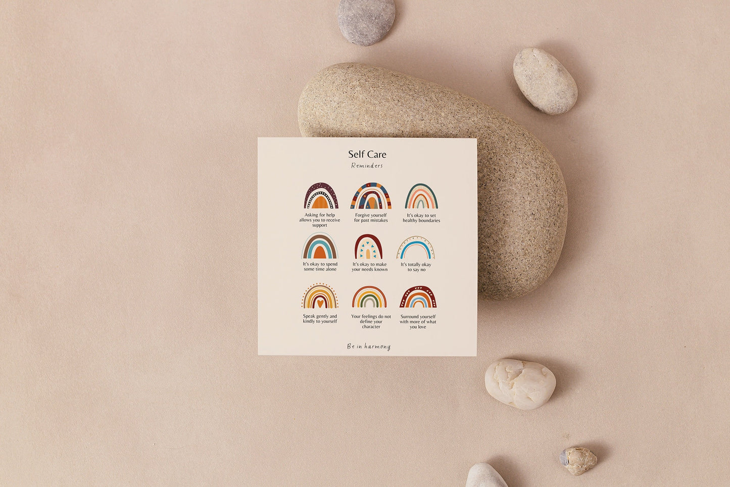 Brown Boho Rainbow Digital Self Care Reminders Poster & matching 'affirmation' card set mindfulness, wellbeing, therapy office, home decor, mental health tool
