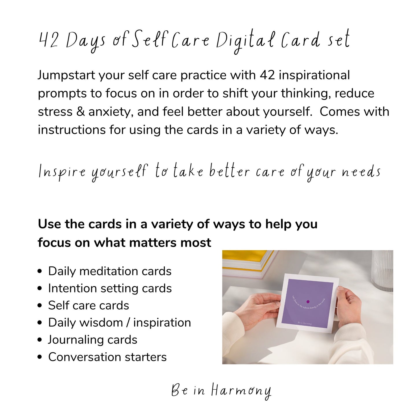 42 Digital Self Care Daily Reminders card set mindfulness, wellbeing, therapy office, mental health meditation daily inspiration prompt tool