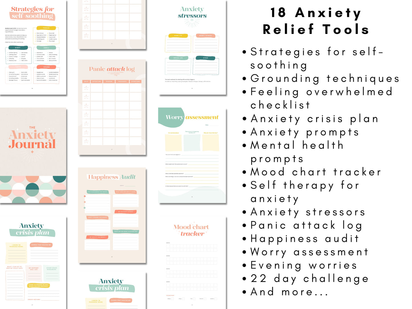 Bundle Digital Anxiety Journal Workbook tracker + Anxiety Coping Statements Poster-Card wellbeing self care stress reduction therapy tool