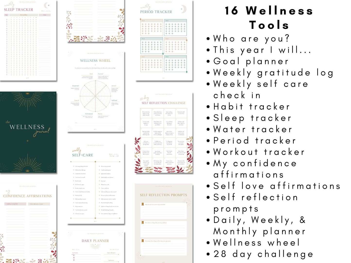 Digital Wellness Journal Workbook tracker for wellbeing self care stress reduction affirmations happiness build self confidence boost your mood