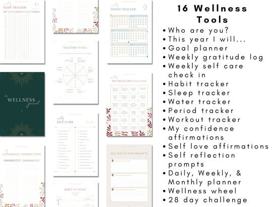 Digital Wellness Journal Workbook tracker for wellbeing self care stress reduction affirmations happiness build self confidence boost your mood