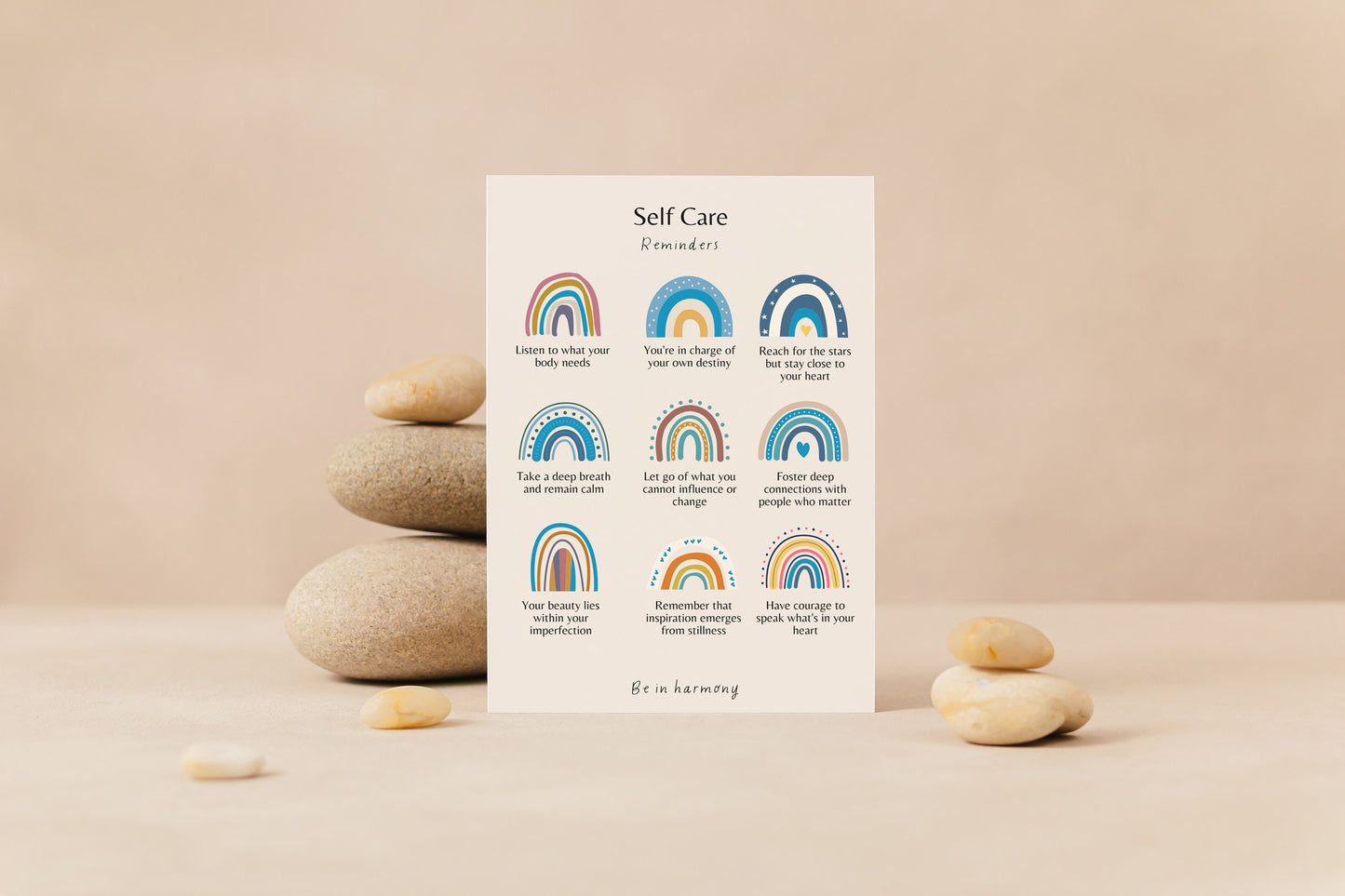 Blue Boho Rainbow Self Care Reminders Poster & matching 'affirmation' card set mindfulness, wellbeing, therapy office home decor mental health tool