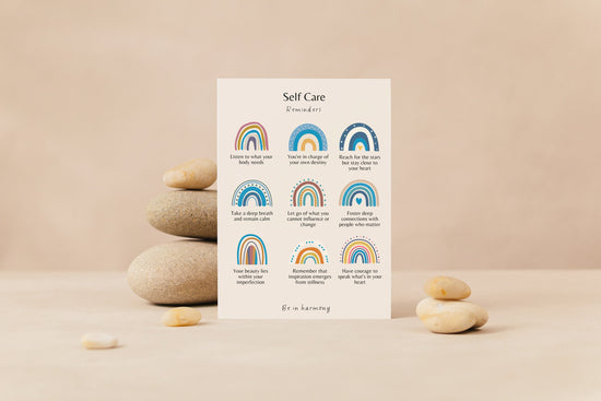 Blue Boho Rainbow Self Care Reminders Poster & matching 'affirmation' card set mindfulness, wellbeing, therapy office home decor mental health tool