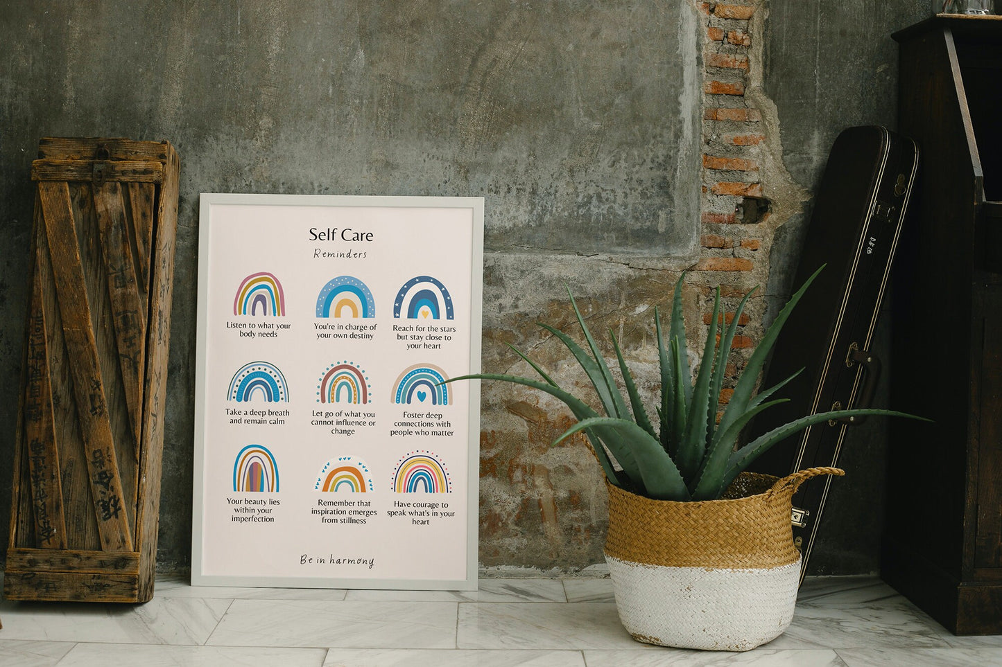 Blue Boho Rainbow Self Care Reminders Poster & matching 'affirmation' card set mindfulness, wellbeing, therapy office home decor mental health tool