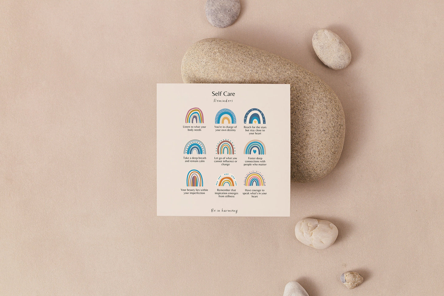 Blue Boho Rainbow Self Care Reminders Poster & matching 'affirmation' card set mindfulness, wellbeing, therapy office home decor mental health tool