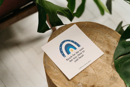 Blue Boho Rainbow Self Care Reminders Poster & matching 'affirmation' card set mindfulness, wellbeing, therapy office home decor mental health tool