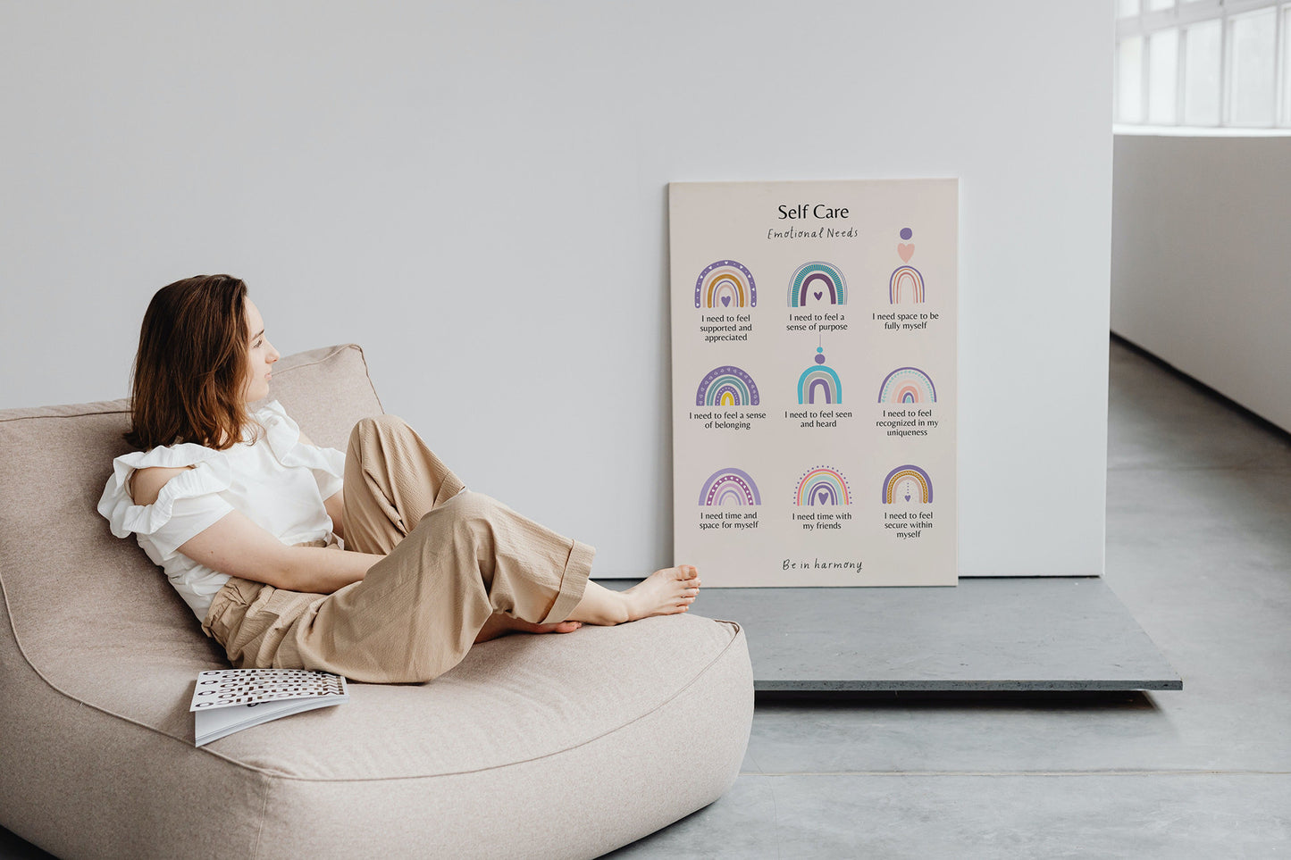Purple Boho Self Care Emotional Needs Poster & matching 'affirmation' card set mindfulness wellbeing therapy office, home decor, mental health tool