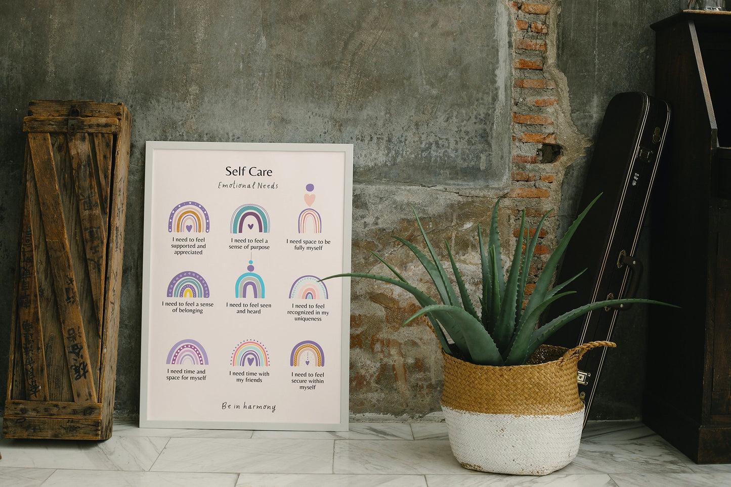 Purple Boho Self Care Emotional Needs Poster & matching 'affirmation' card set mindfulness wellbeing therapy office, home decor, mental health tool