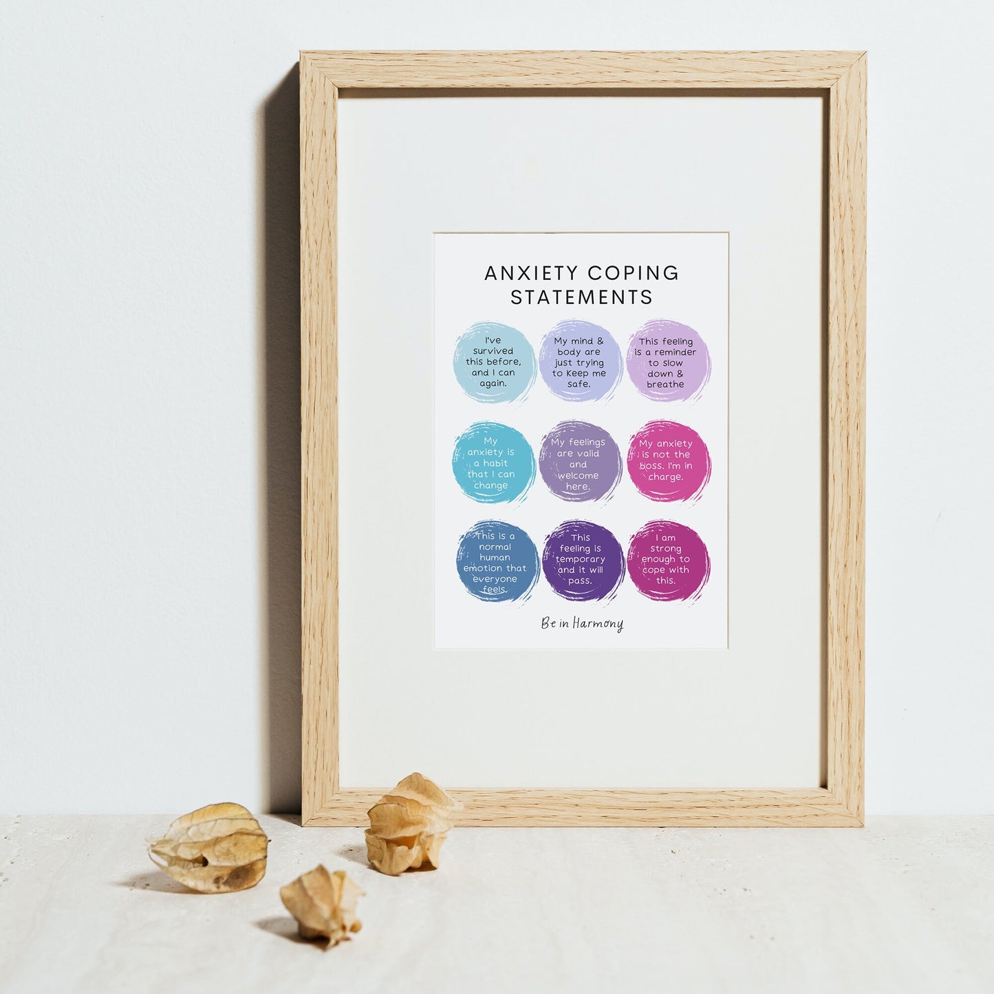 Anxiety Coping Statements Poster card mindfulness wellbeing therapy office, home decor, mental health tool psychology resources