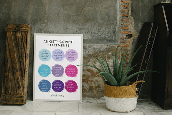 Anxiety Coping Statements Poster card mindfulness wellbeing therapy office, home decor, mental health tool psychology resources