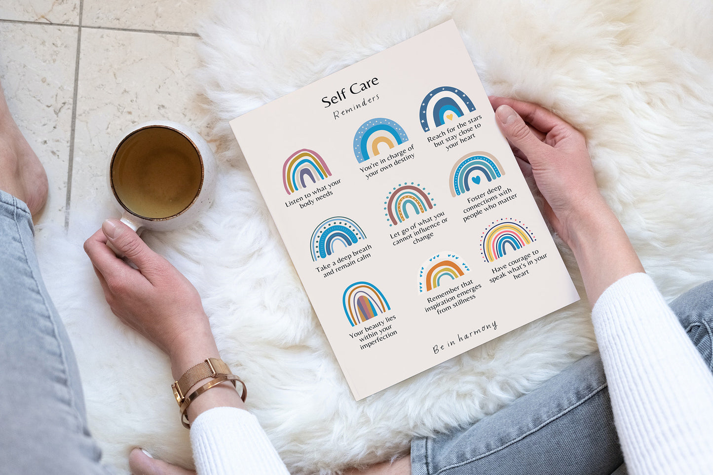 Blue Boho Rainbow Self Care Reminders Poster & matching 'affirmation' card set mindfulness, wellbeing, therapy office home decor mental health tool