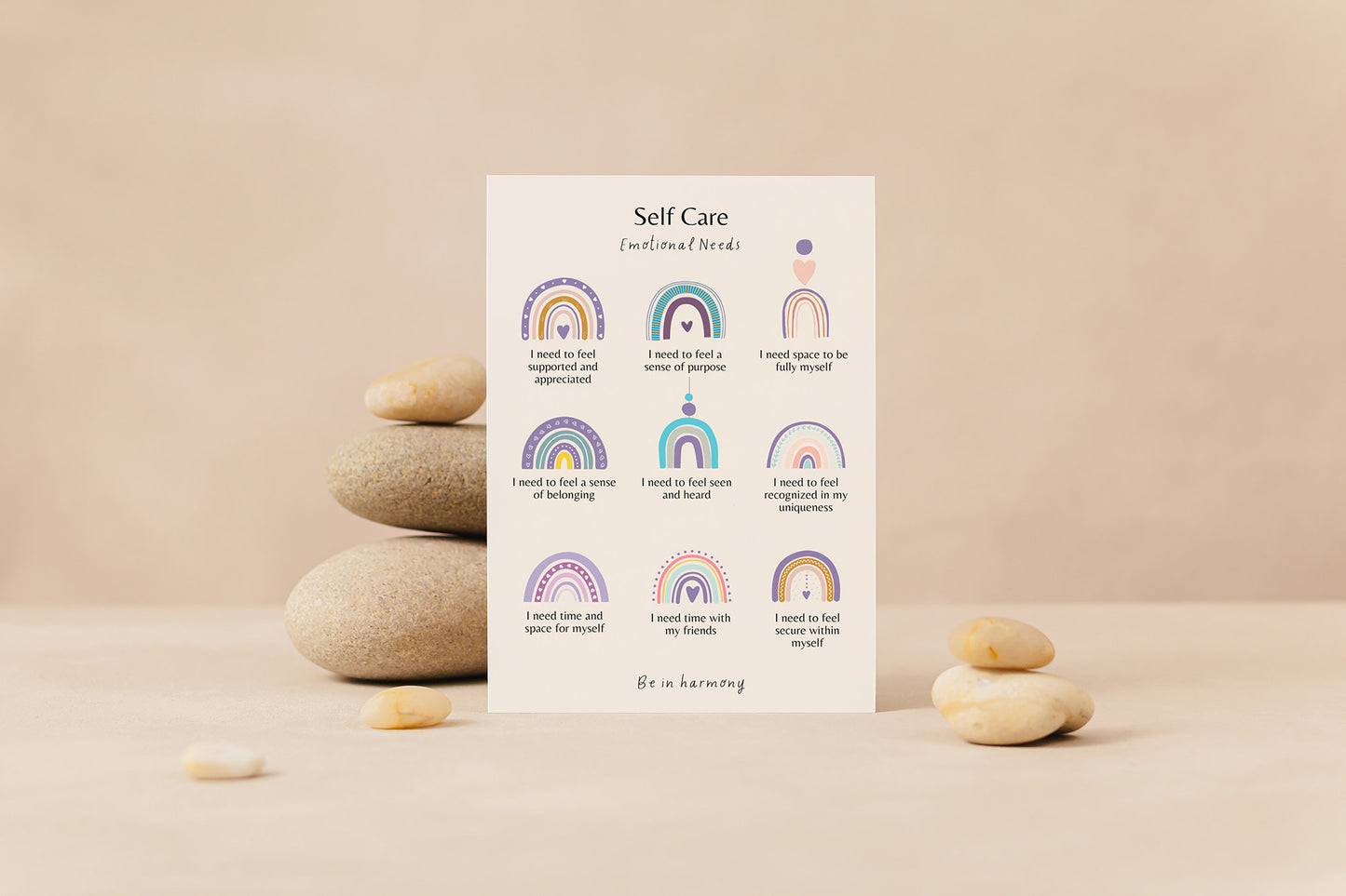Purple Boho Self Care Emotional Needs Poster & matching 'affirmation' card set mindfulness wellbeing therapy office, home decor, mental health tool