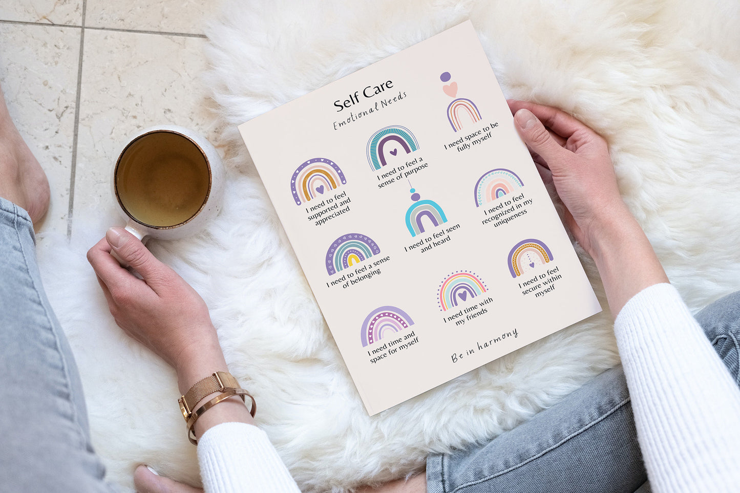 Purple Boho Self Care Emotional Needs Poster & matching 'affirmation' card set mindfulness wellbeing therapy office, home decor, mental health tool