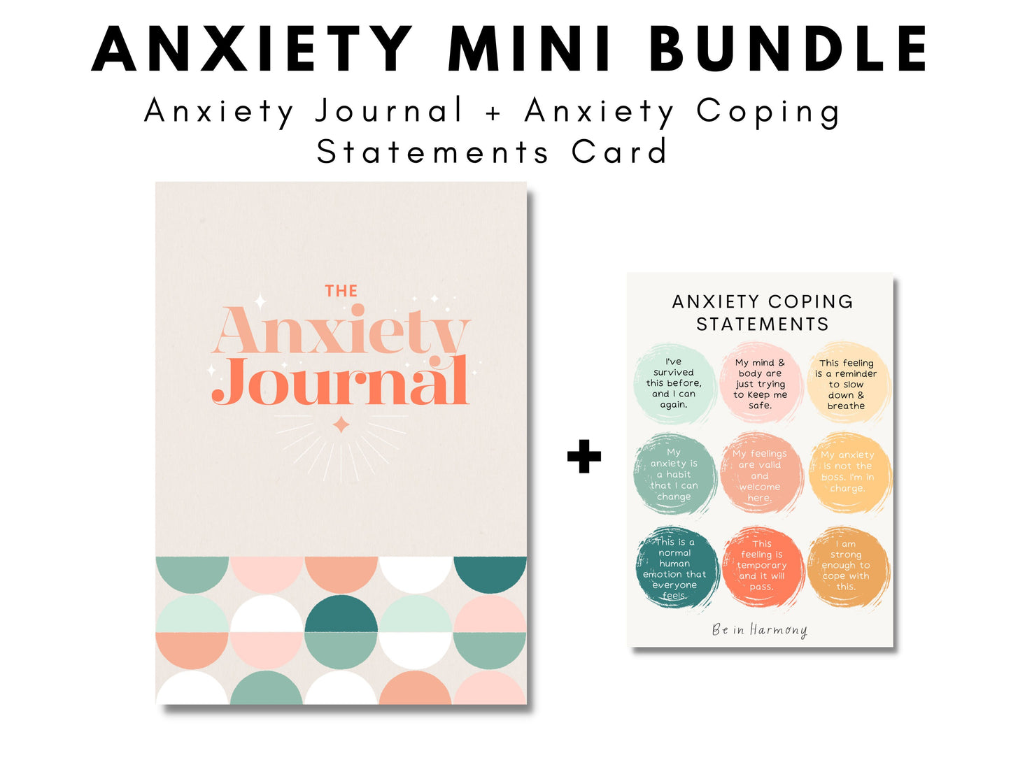 Bundle Digital Anxiety Journal Workbook tracker + Anxiety Coping Statements Poster-Card wellbeing self care stress reduction therapy tool