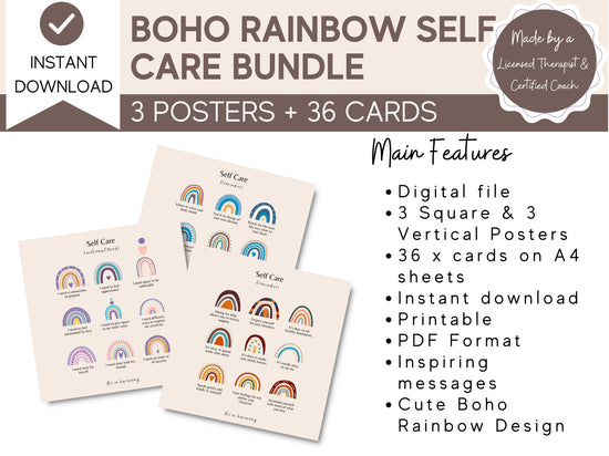 Bundle Boho Rainbow Digital Self Care Reminders Cards & Posters | Therapy Tools | Affirmation Cards | Mental Health Resources | Therapy Office Decor