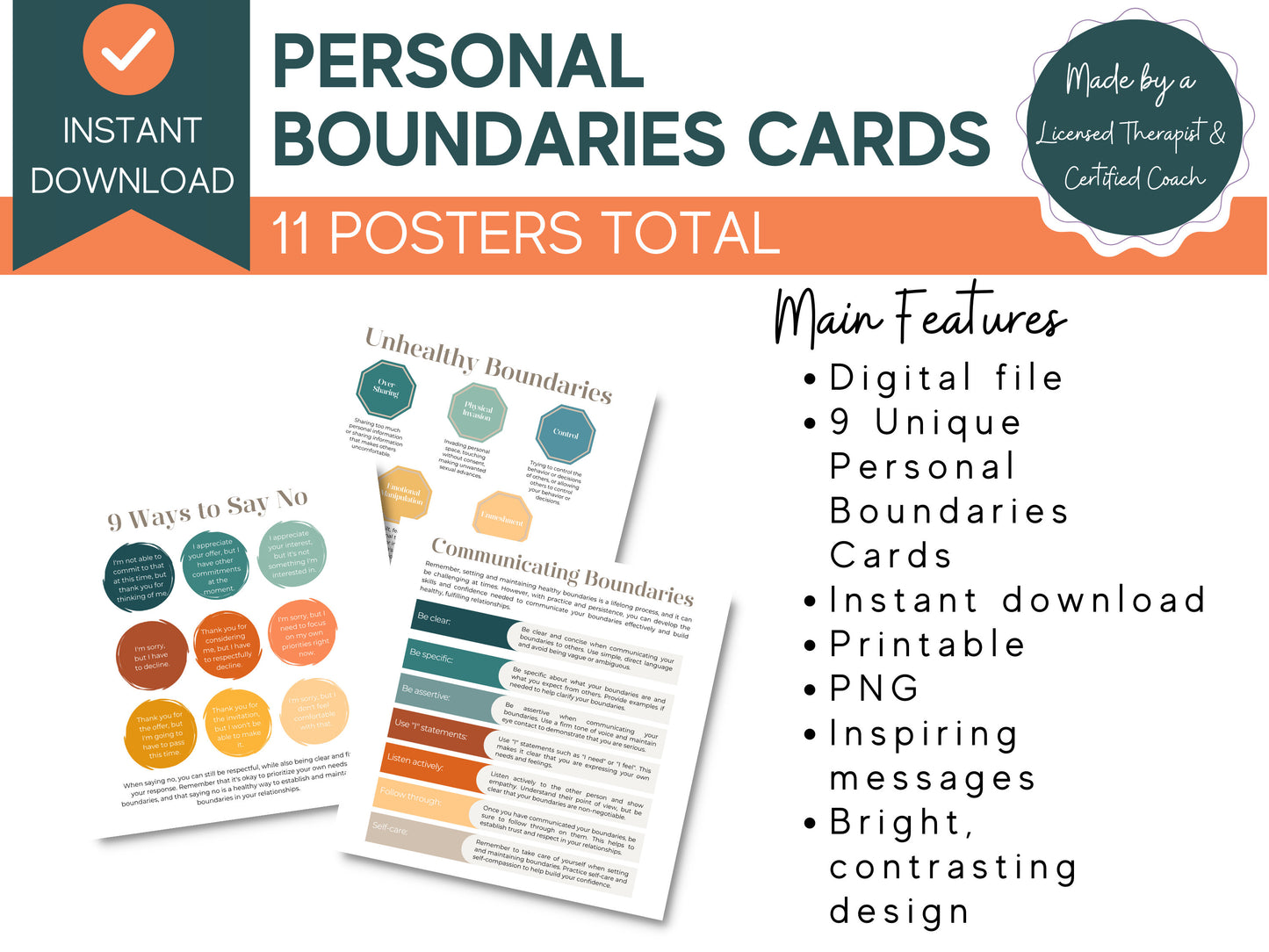 Personal Boundaries Poster Bundle | Relationship Skills Cards | Therapy Office Decor | Mental Health | Burnout Prevention | Self Care