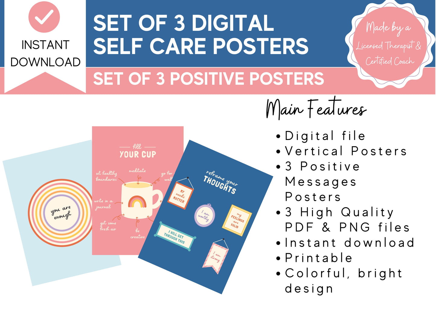 Set of 3 Digital Self Care Prints | Therapy Office Decor | Home Decor | Positive Messages | Inspirational Sayings | Self Esteem | Self Love
