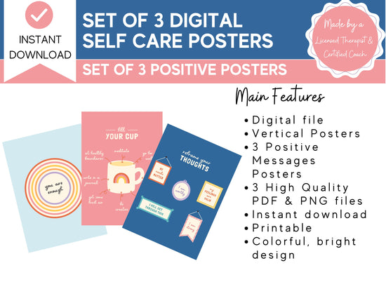 Set of 3 Digital Self Care Prints | Therapy Office Decor | Home Decor | Positive Messages | Inspirational Sayings | Self Esteem | Self Love