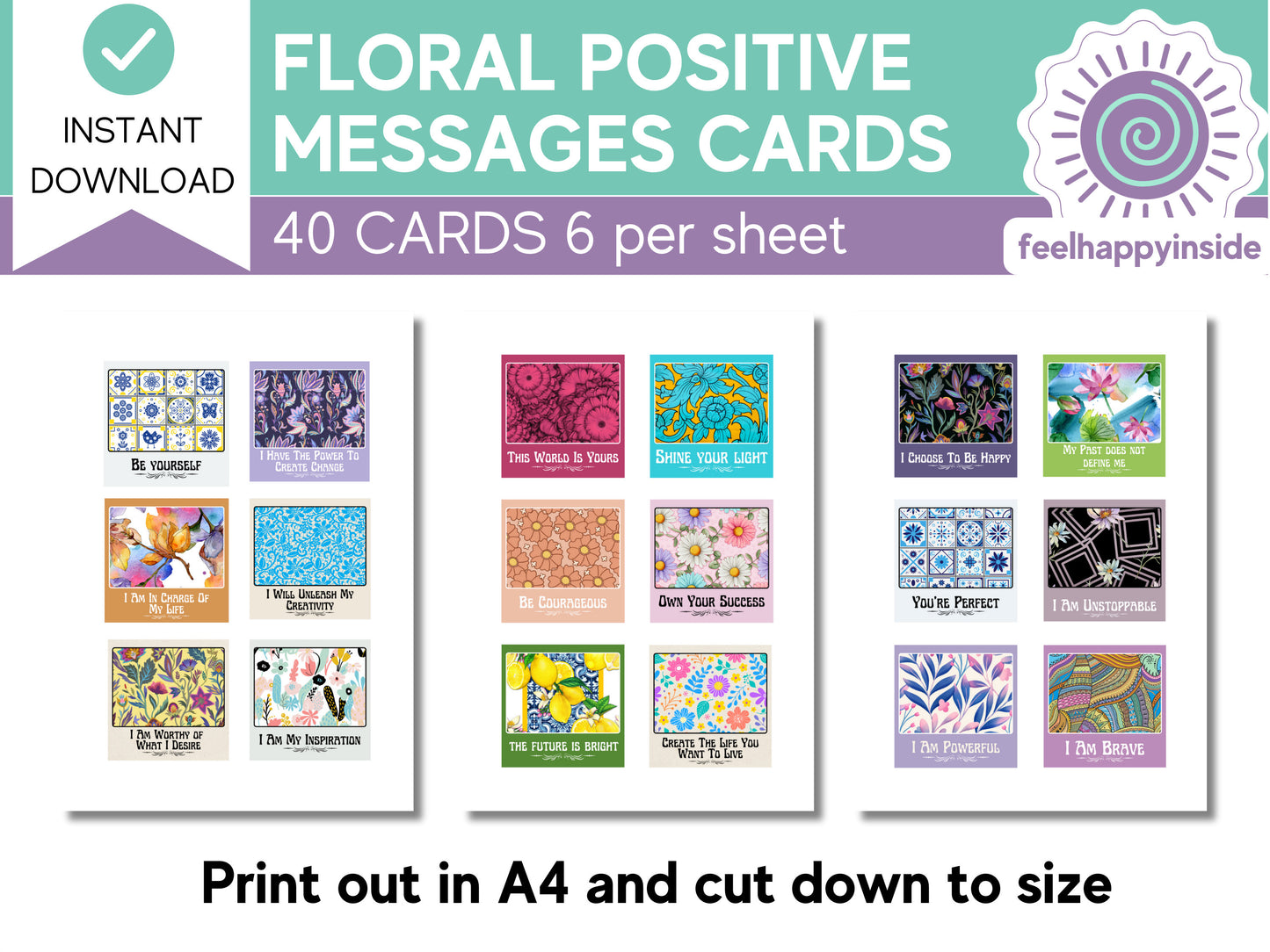 40 Digital Floral Design Positive Messages Cards | Mental Health Resources | Self Care Reminder Cards | Affirmation Cards | Therapy Tools