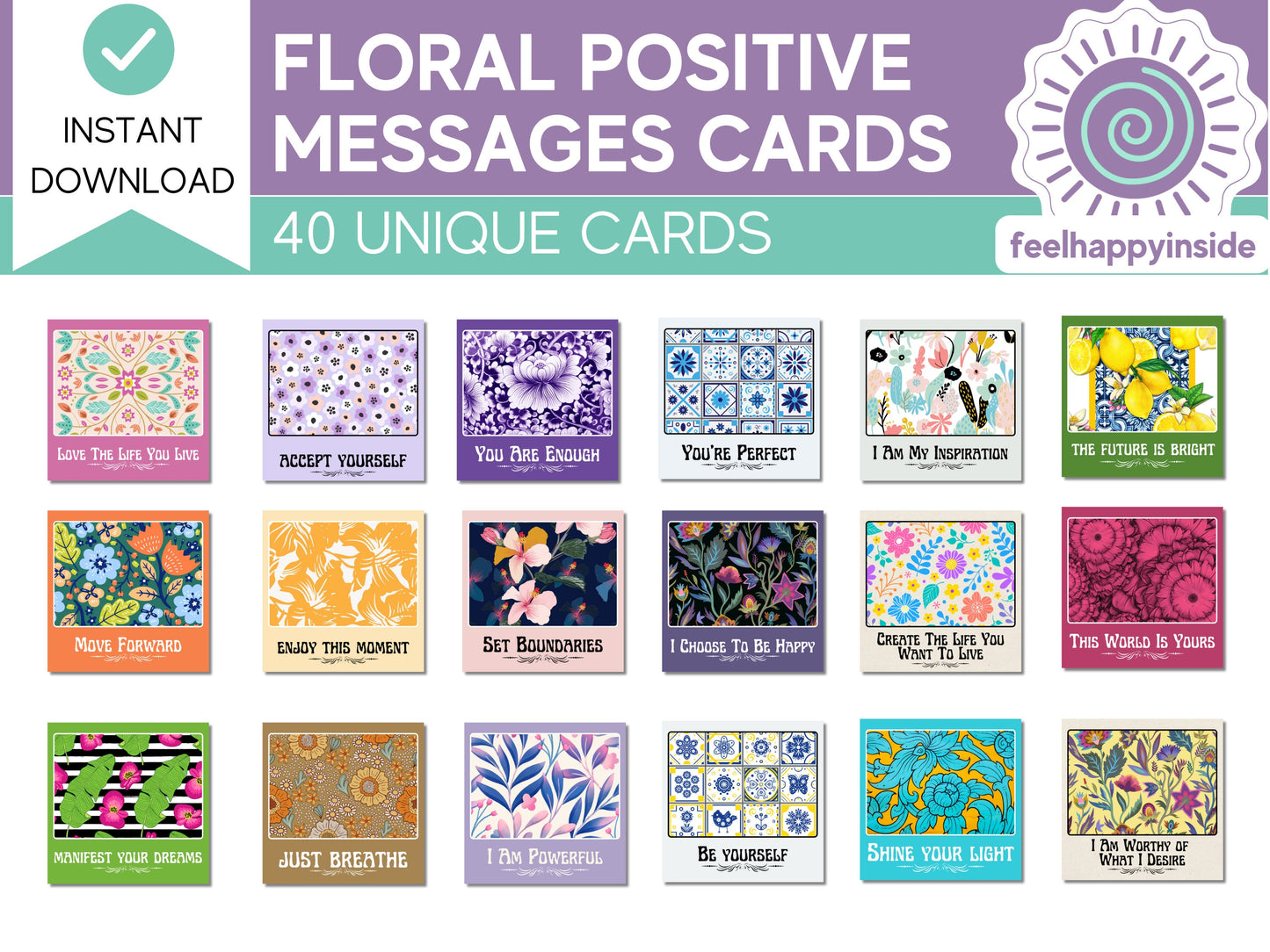 40 Digital Floral Design Positive Messages Cards | Mental Health Resources | Self Care Reminder Cards | Affirmation Cards | Therapy Tools