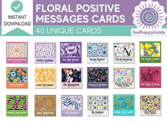 40 Digital Floral Design Positive Messages Cards | Mental Health Resources | Self Care Reminder Cards | Affirmation Cards | Therapy Tools