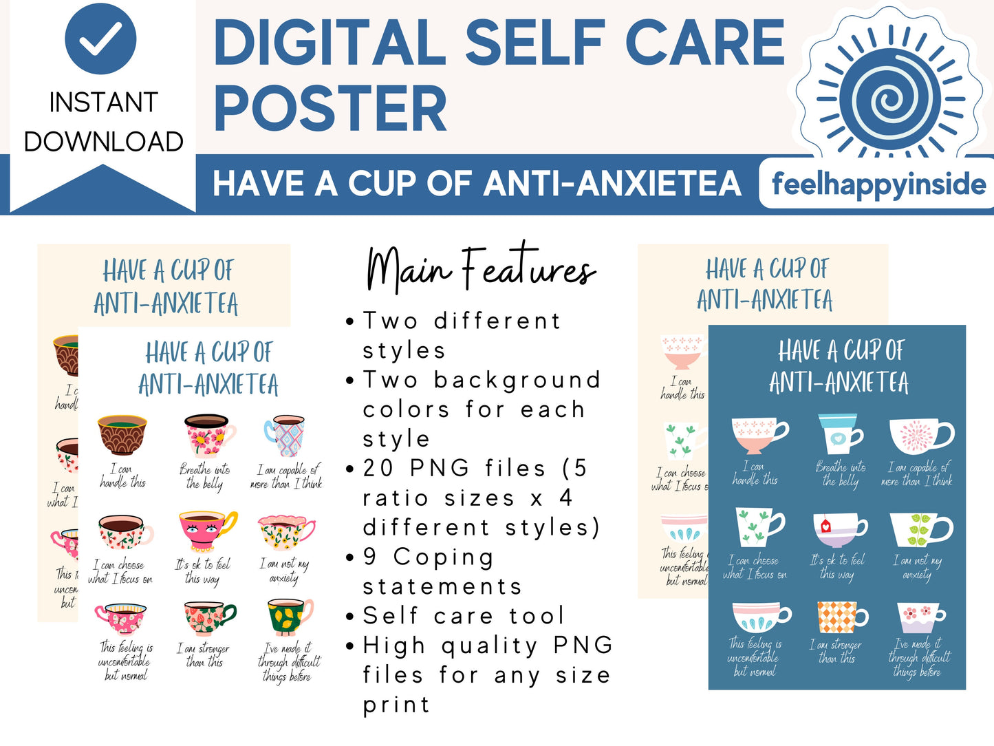 Anti-AnxieTEA Anxiety Affirmation Posters Self Care Digital Print Self Soothing Coping Strategy Therapy Office Decor Mental Health Print