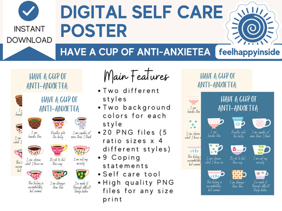 Anti-AnxieTEA Anxiety Affirmation Posters Self Care Digital Print Self Soothing Coping Strategy Therapy Office Decor Mental Health Print
