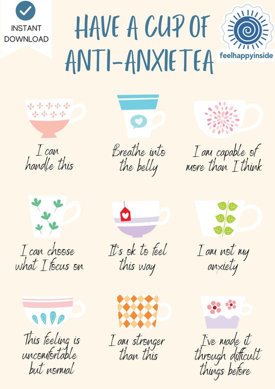 Anti-AnxieTEA Anxiety Affirmation Posters Self Care Digital Print Self Soothing Coping Strategy Therapy Office Decor Mental Health Print