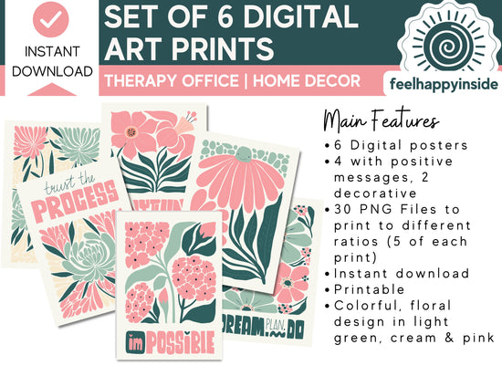 Set of 6 Therapy Home office art decor, Digital print bundle, Counseling posters, Mental health wall art, Positive Messages,  art gift set