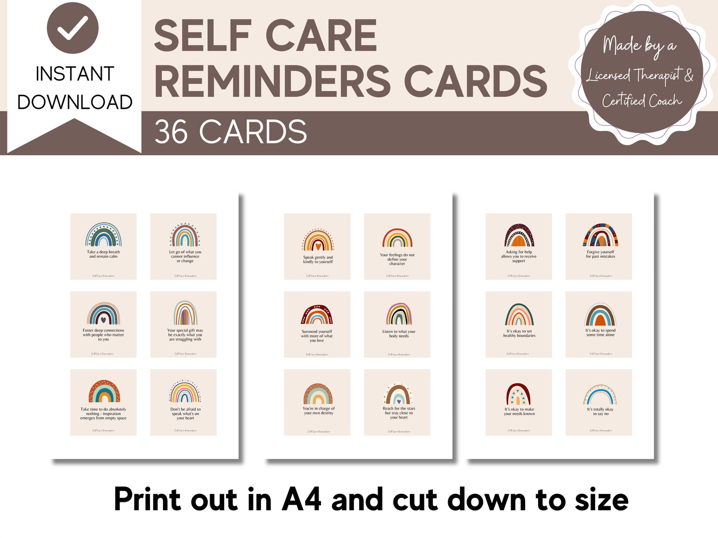 Boho Rainbow Self Care Reminders Cards | Therapy Tools | Affirmation Cards | Daily Intention Cards | Psychology resources | Mental Health